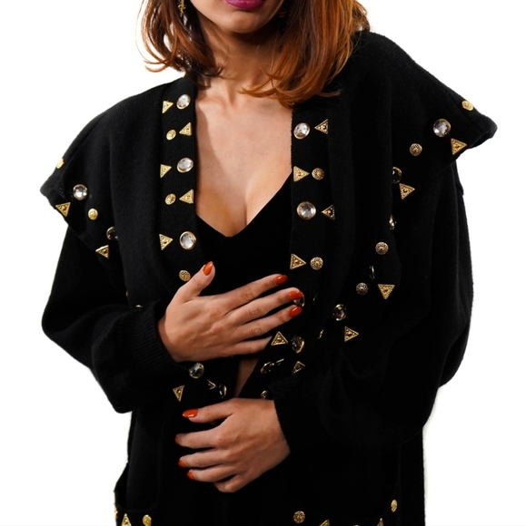 designs limited Sweaters - Vintage 80s Bedazzled Black Duster Cardigan Sweater